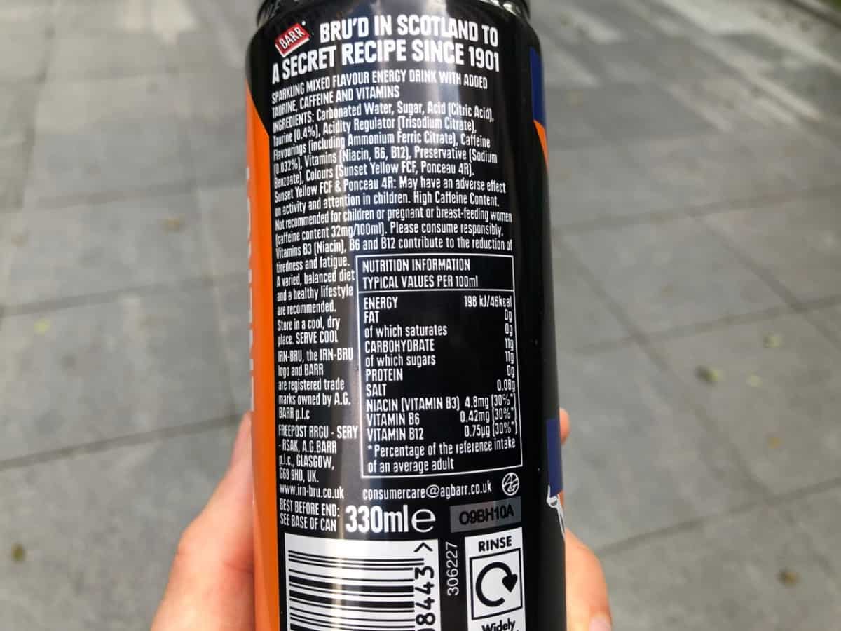 Nutrition Information and ingredients of Irn-Bru Energy