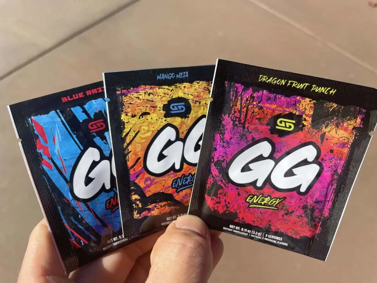 Three of the eight flavors of GG Gamer Supps Energy Drink