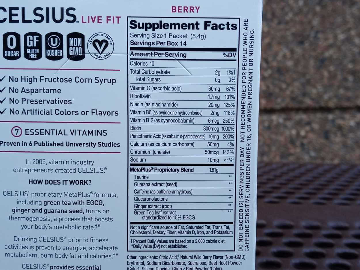 Supplement Facts of Celsius On-the-Go Energy Drink