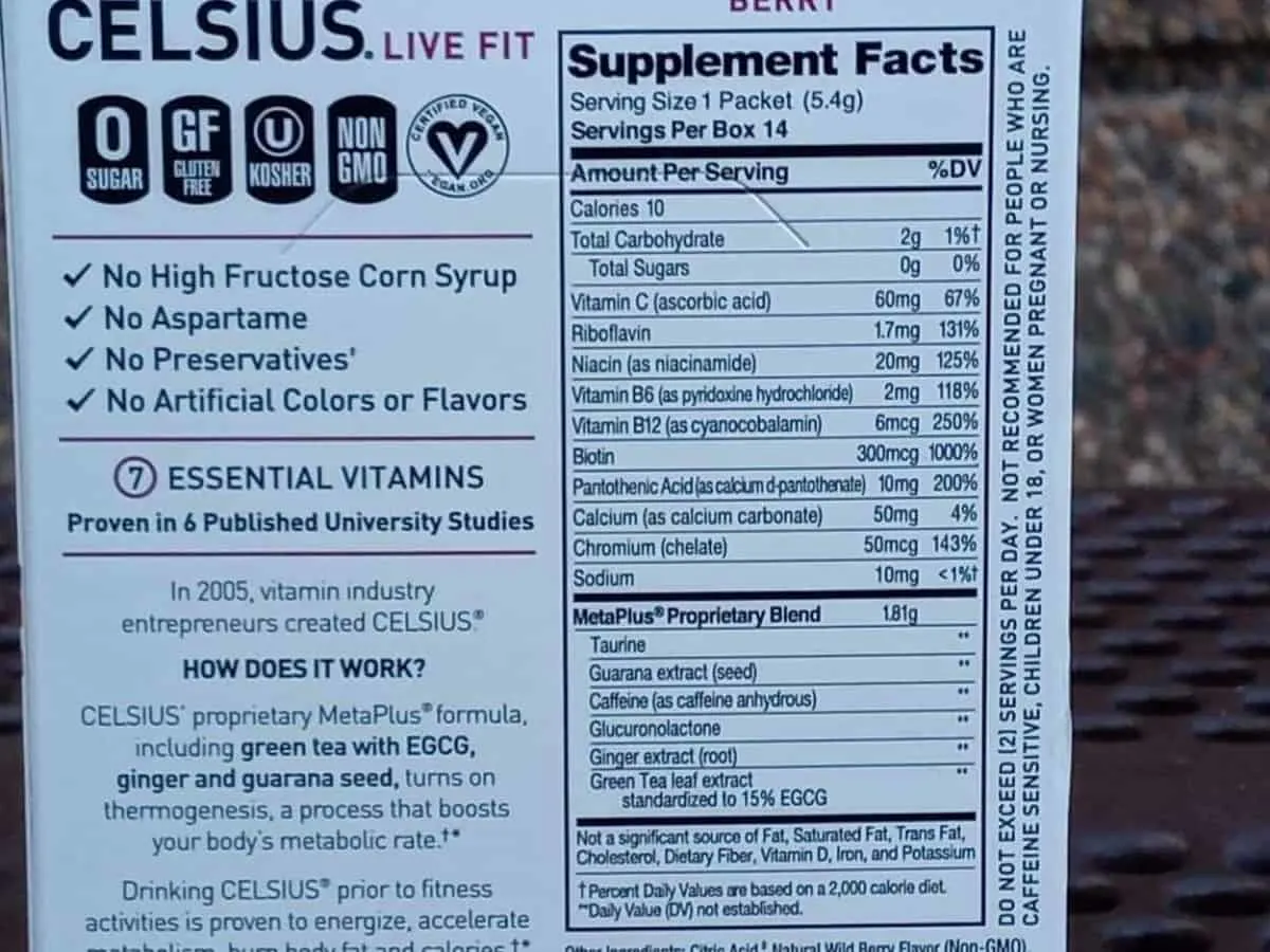 Supplement facts of Celsius On-The-Go