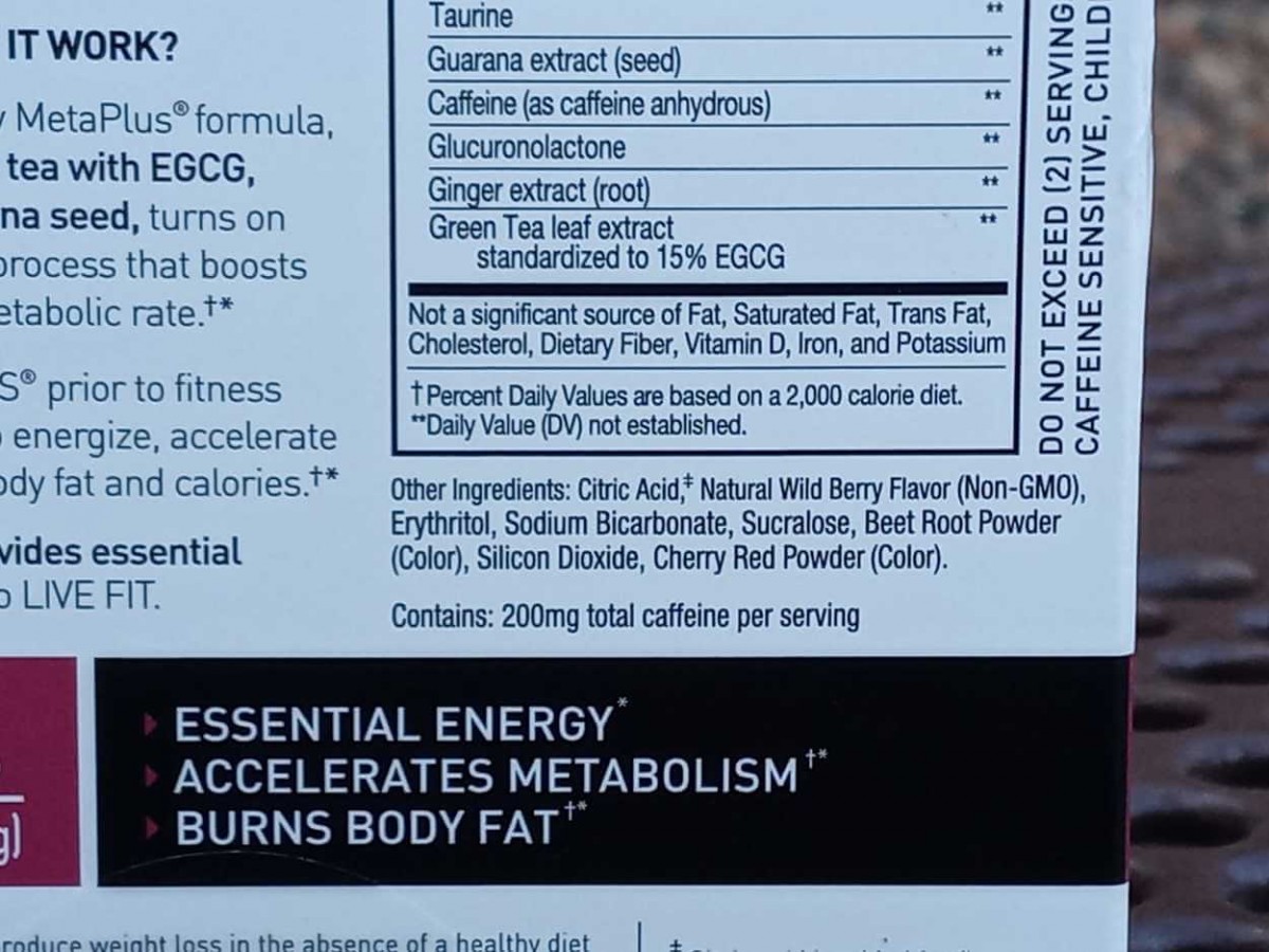 Ingredients printed on the back of Celsius On-The-Go box