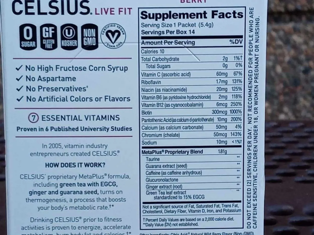 Celsius On-The-Go supplement facys printed on the back of the box
