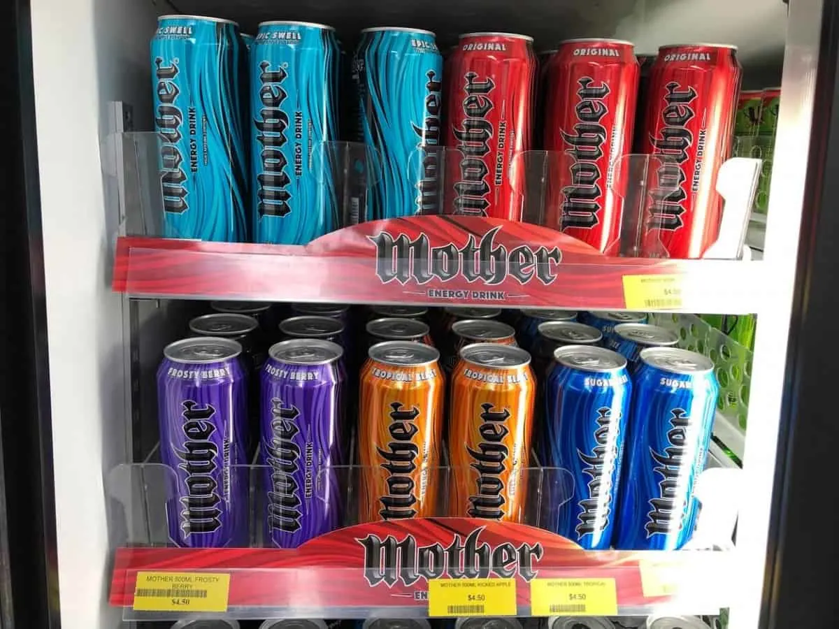 Different flavors of Mother Energy Drink inside the fridge.