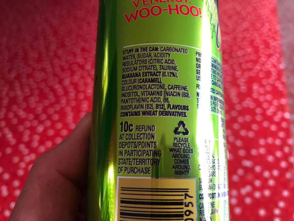 V energy ingredients label.