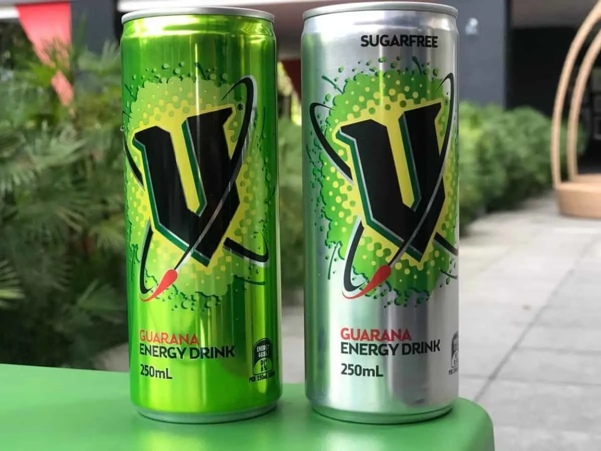 A can of V Energy Original a can of V Energy Sugar-Free.