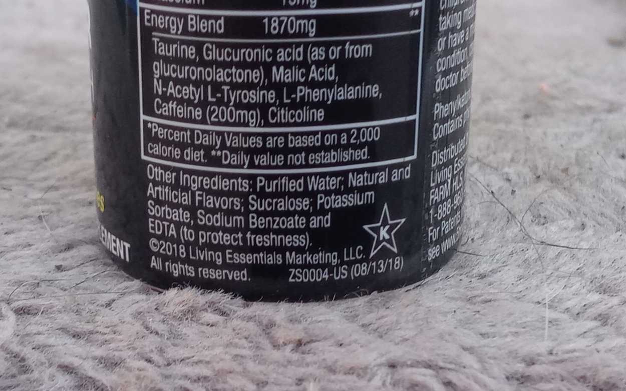 an image of back label on the bottle of 5 hour energy drink showing its ingredients