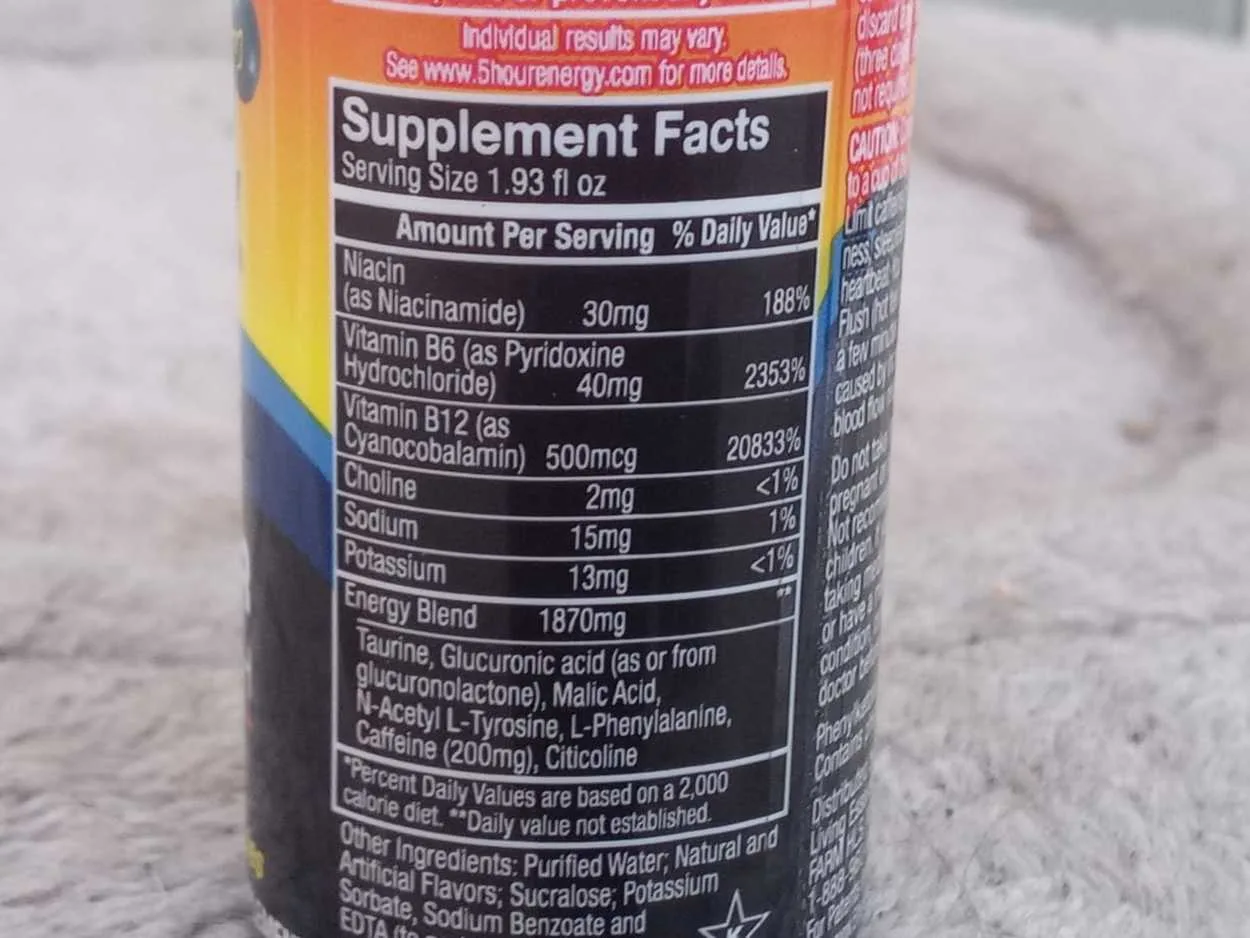 Image of the back label of 5 hour energy drink showing its nutritional facts.