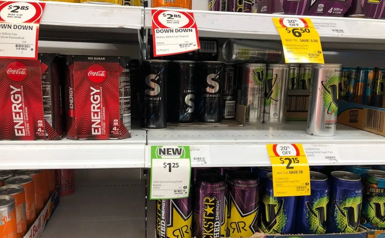 energy drinks in a shelf