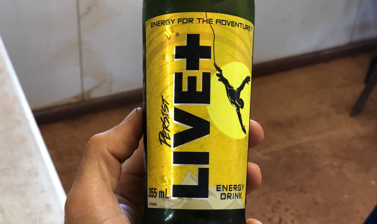 A bottle of Live+ energy drink