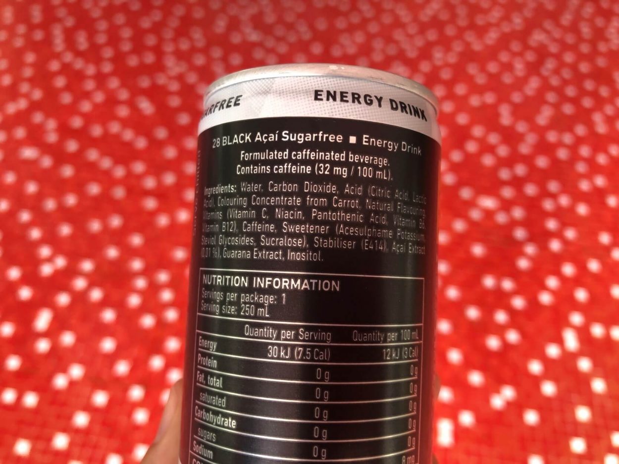 Nutrition facts and ingredients of 28 Black energy drink.