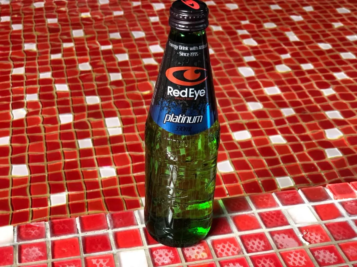 A bottle of Red Eye energy drink.