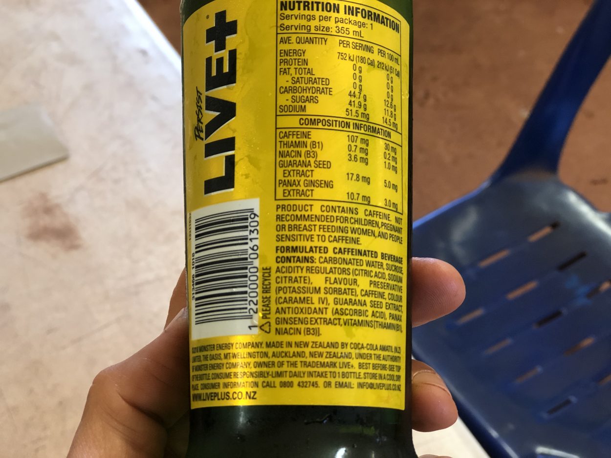 Ingredients of Live+ Energy Drinks on the back label.