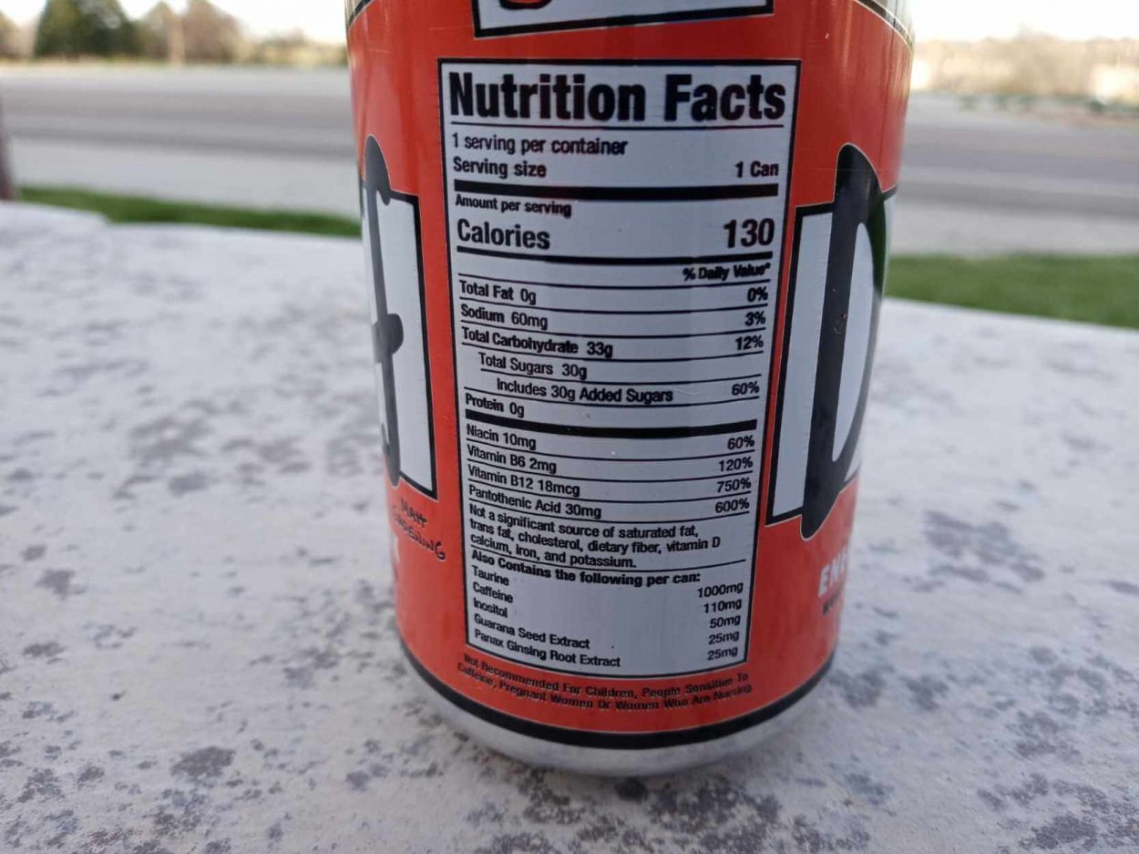 Nutrition facts of one Duff energy drink.