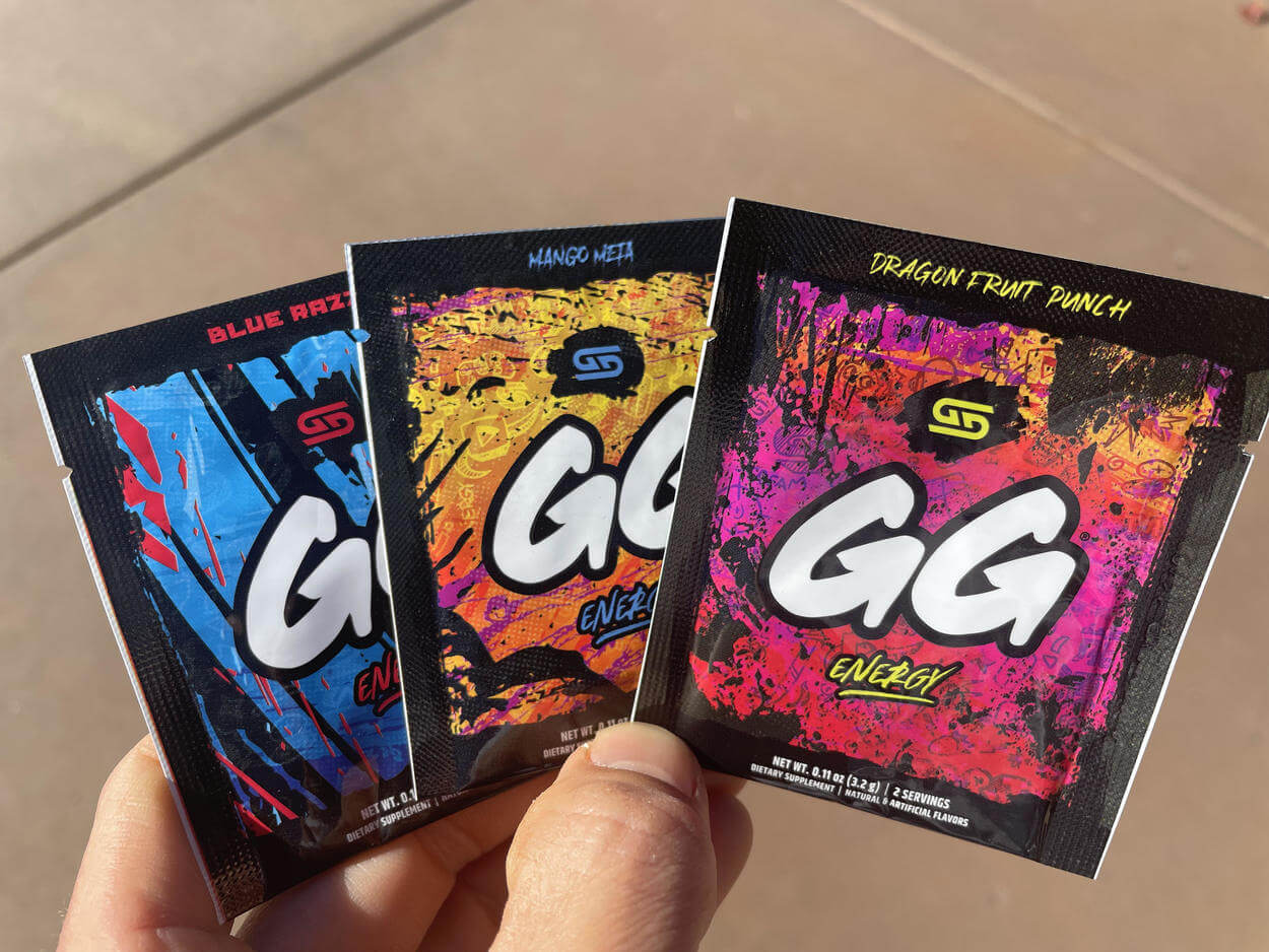3 packets of GG Energy in different flavors.