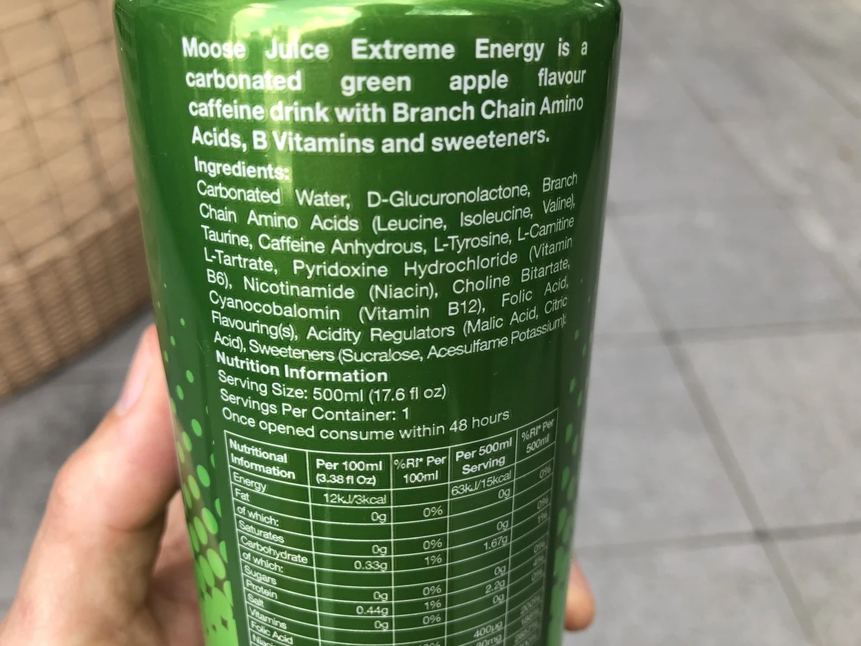 Back label on the can of Moose Juice showing its ingredients