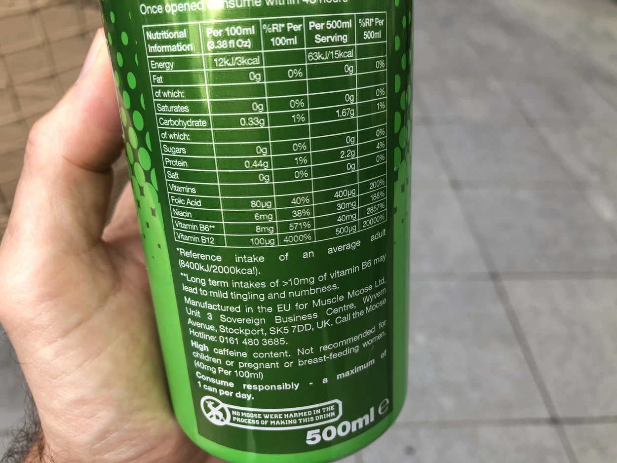 Back label of can of Moose juice showing its nutritional facts