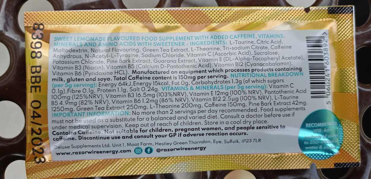 Nutrition facts at the back part of a Razorwire energy drink sachet.