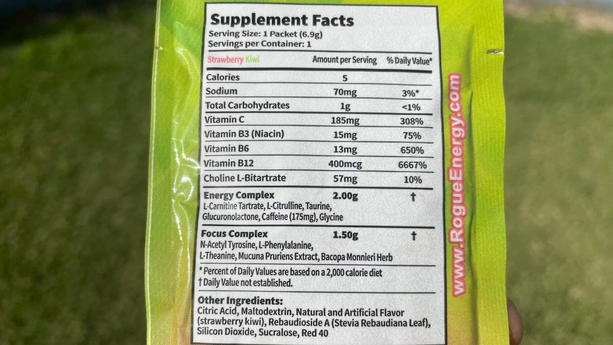 Supplement facts for Rogue's strawberry kiwi energy drink flavor.