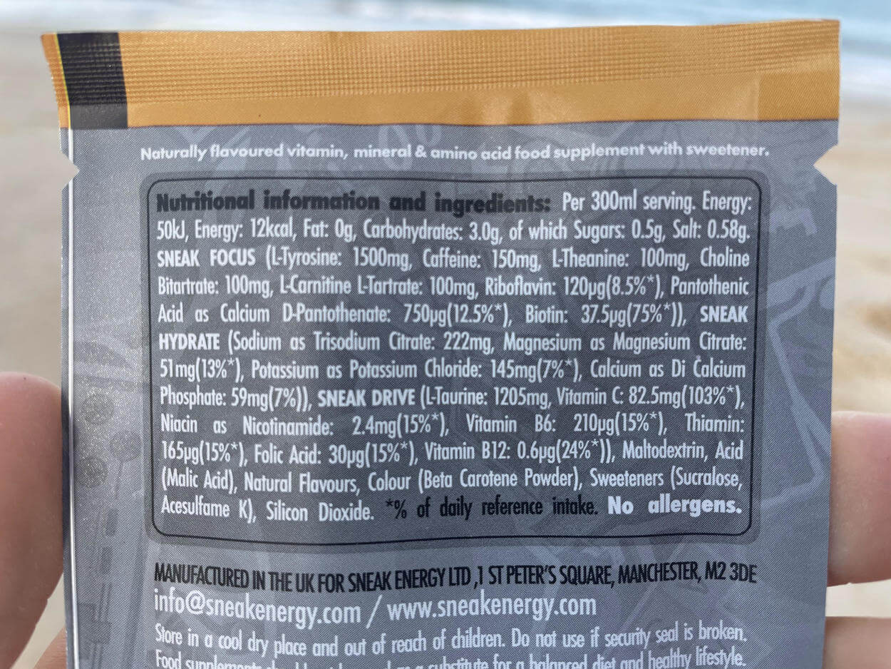 Nutritional Information and ingredients of Sneak Energy.
