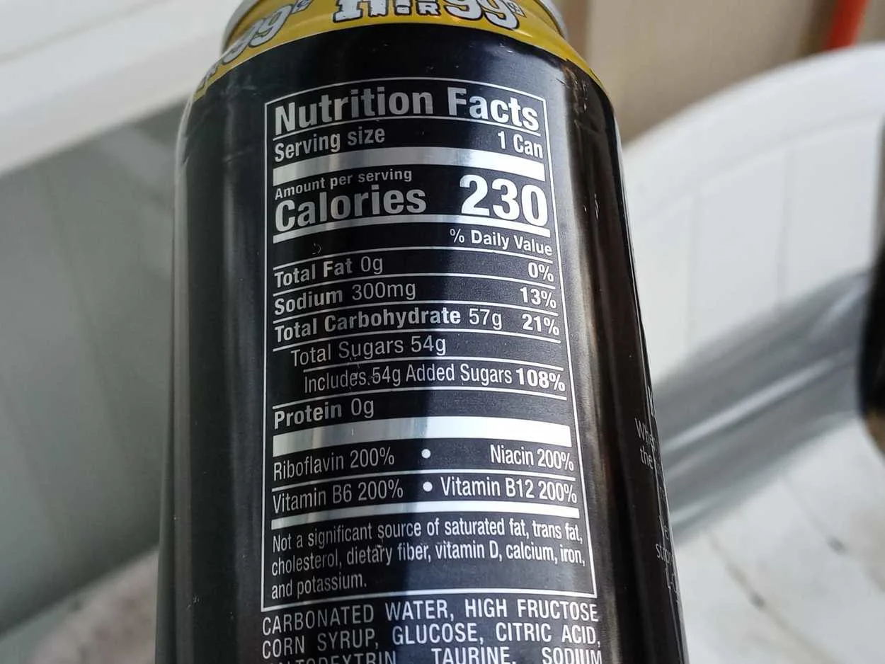 A label of nutrition facts of venom energy drink