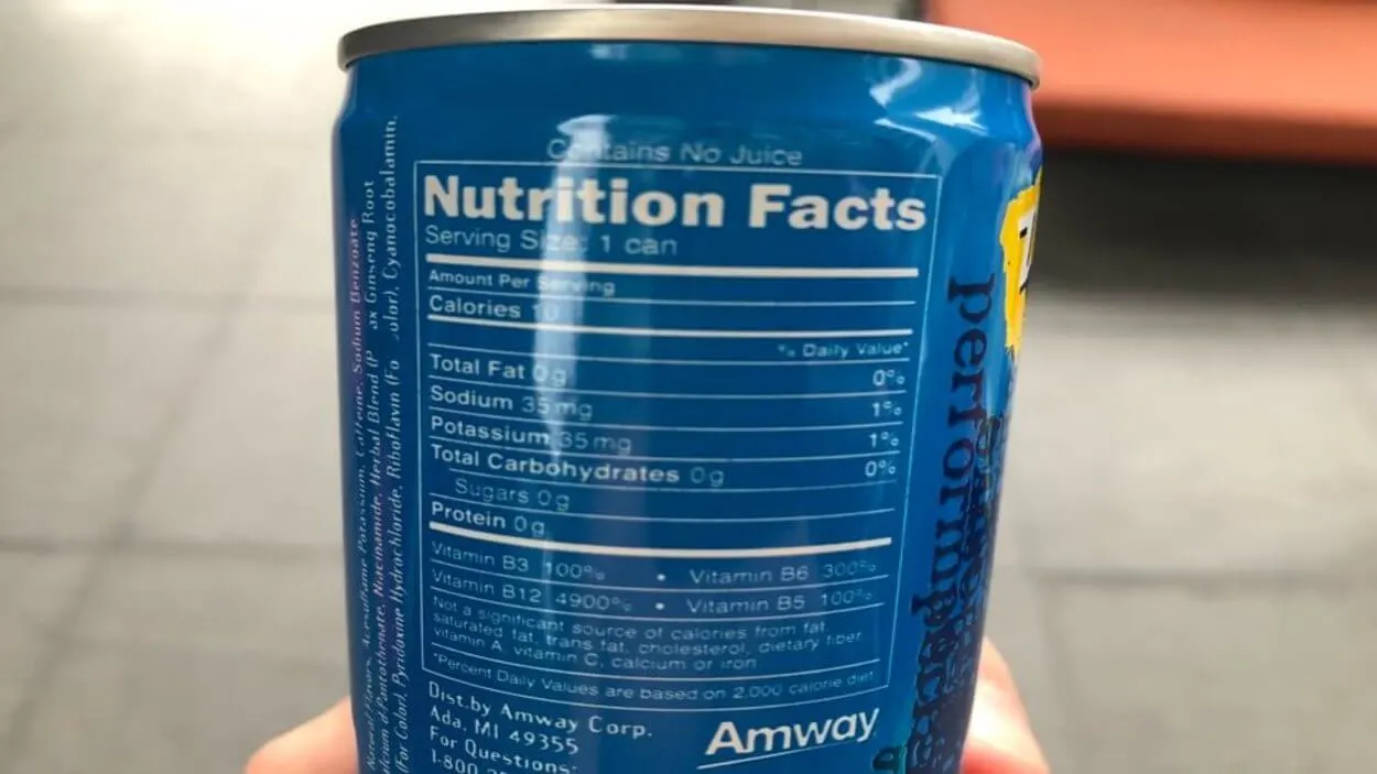 Nutrition facts of XS Energy.