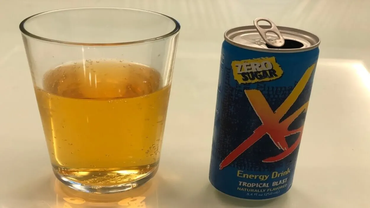 A glass of freshly poured XS Energy