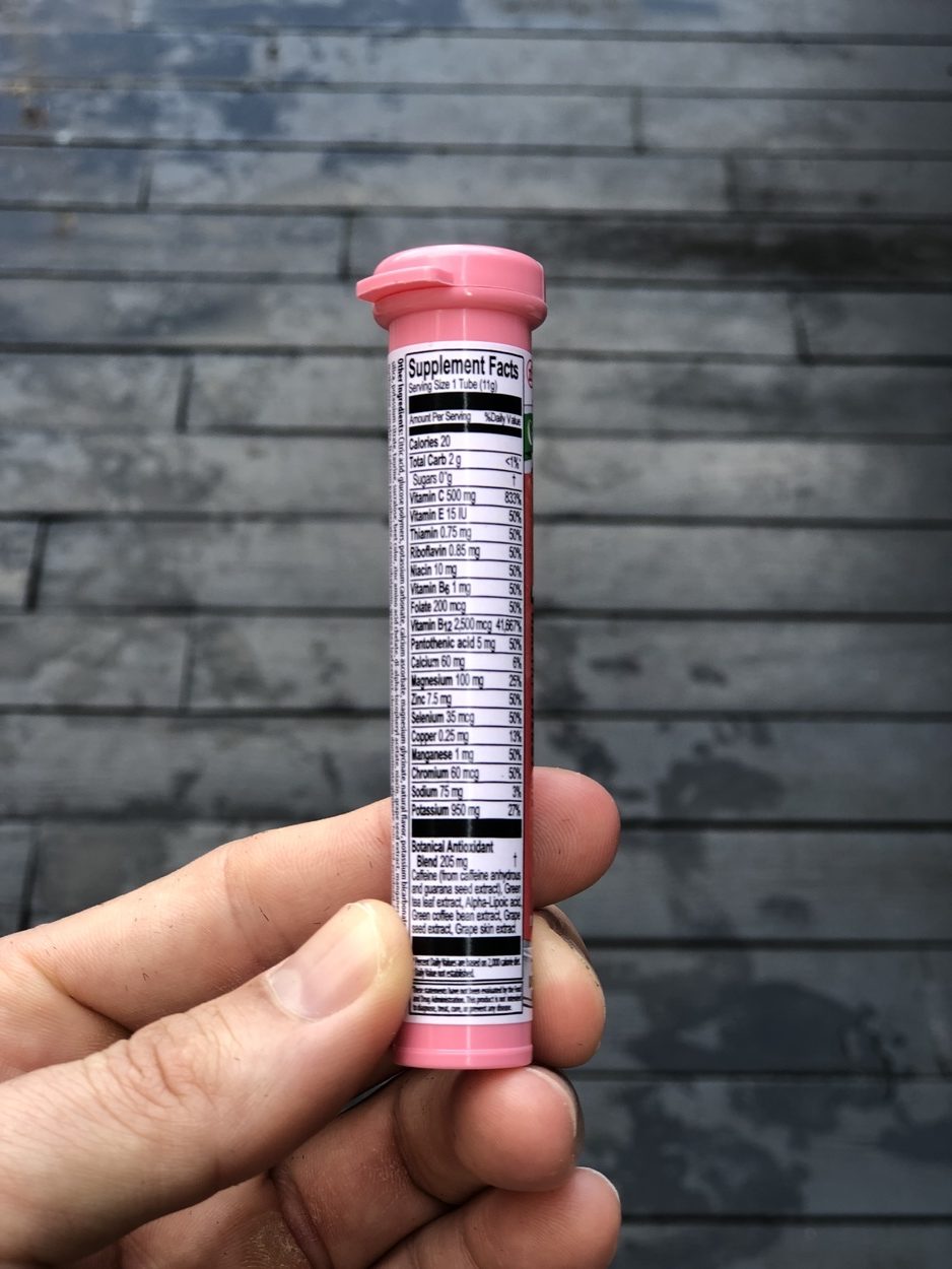 An image of the tube of Zipfizz energy drink showing information about its nutrients.