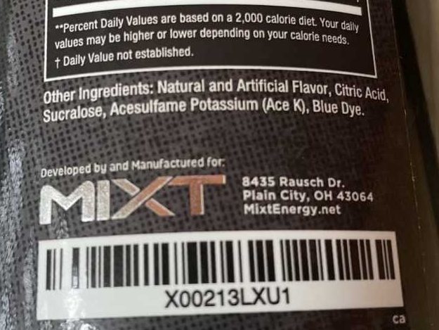 ingredients of Mixt Energy Drink written on the drink's container