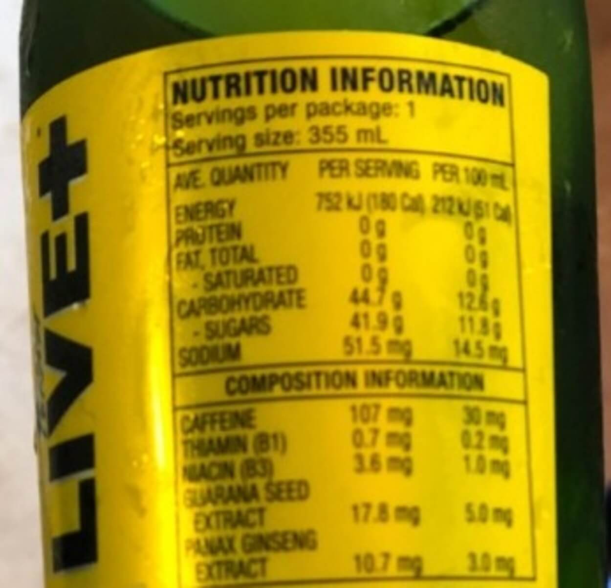 Live+ Energy nutritional facts.