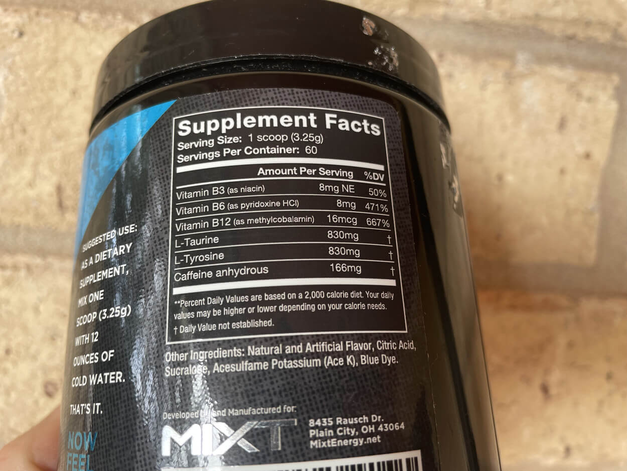 Nutrition facts of MIXT Energy