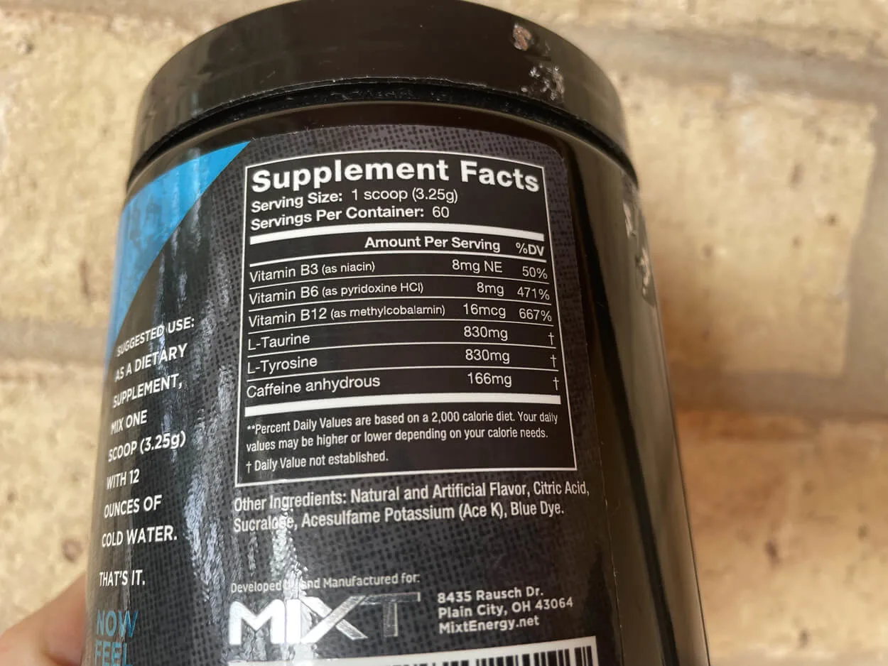 Nutrition facts of MIXT Energy