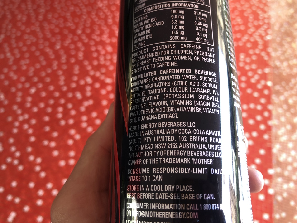 A label of ingredients of Mother energy drink