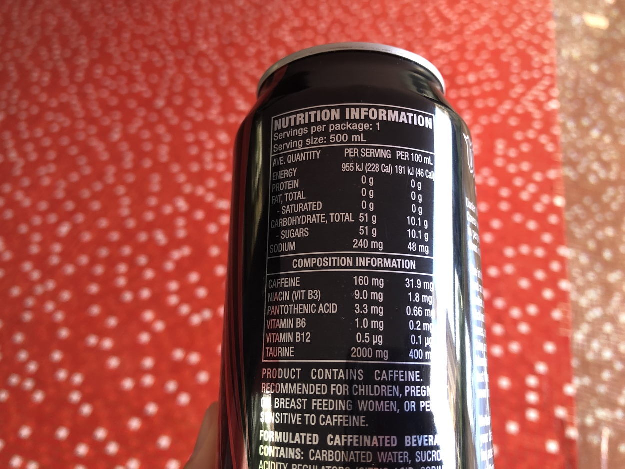 Label showing nutritional facts of Mother energy drink