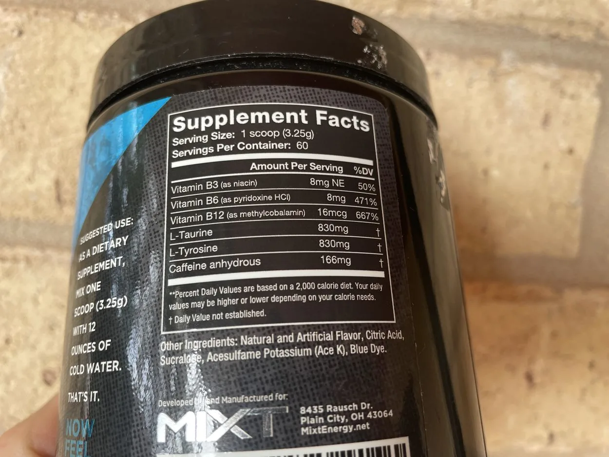 Image of label of supplemental facts of Mixt energy