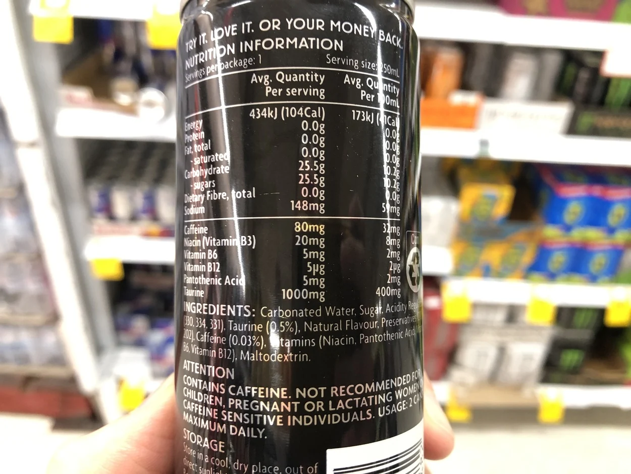 Nutrition facts and other ingredients label on Summit energy drink can.