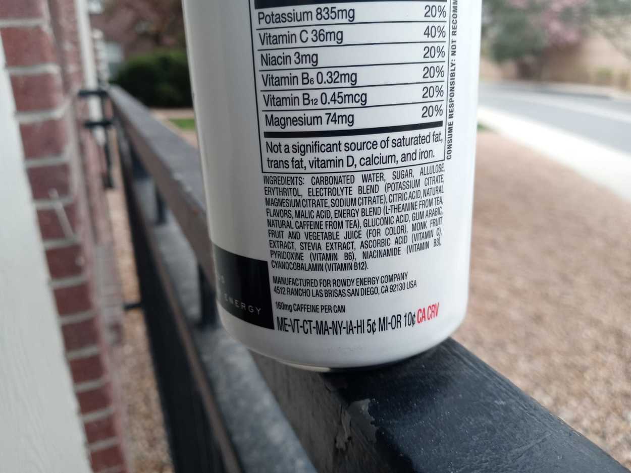 An image of other ingredients label on a can of Rowdy Energy drink.