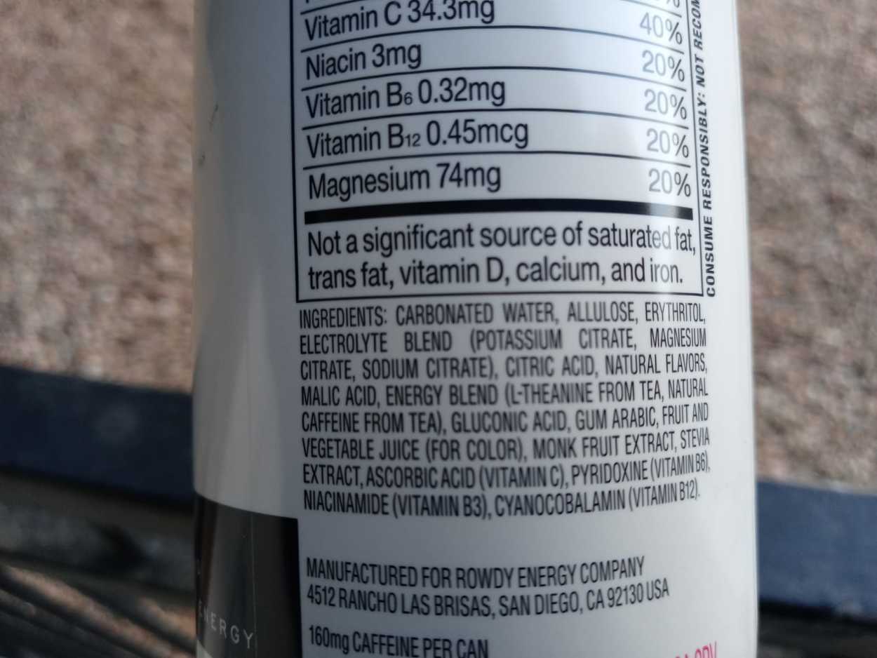 An image of the can of rowdy energy showing its ingredients label.