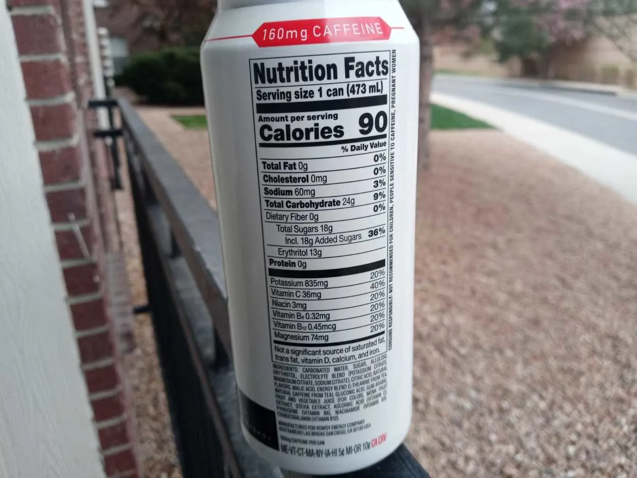 An image of can of rowdy energy drink displaying its nutrition label.