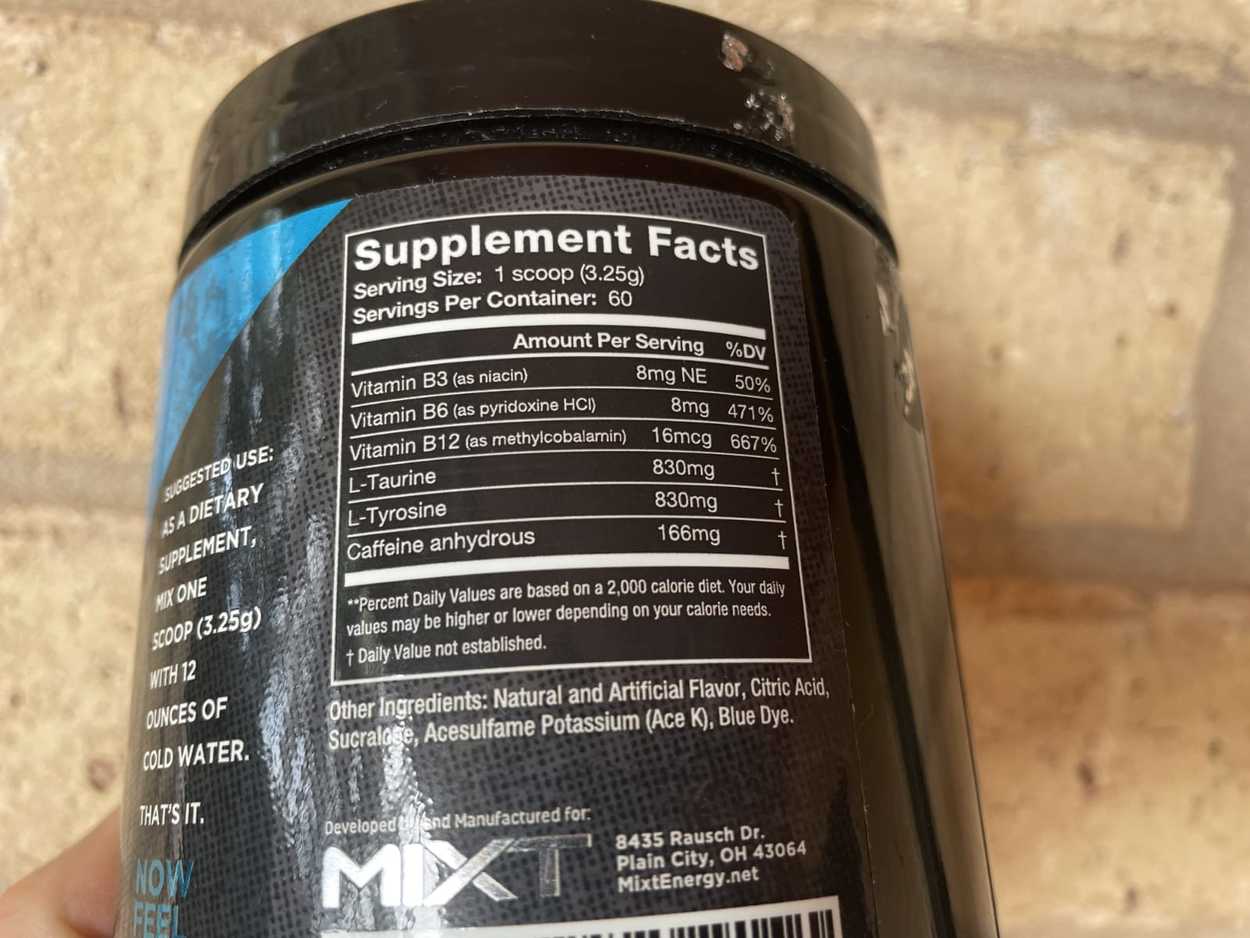 Supplement Facts Of Mixt Energy Drink written on the drink's container