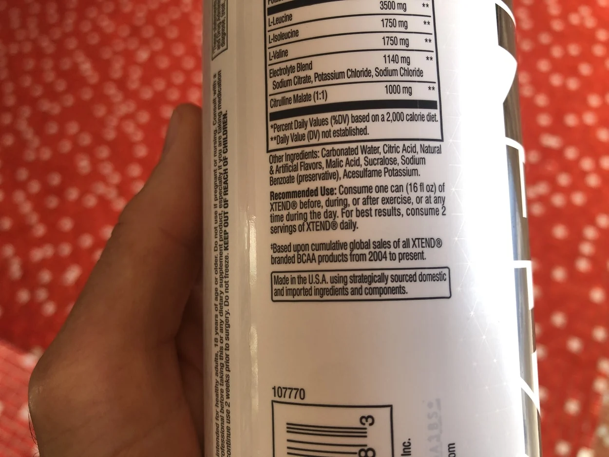 An image of the ingredient label of Xtend energy drink