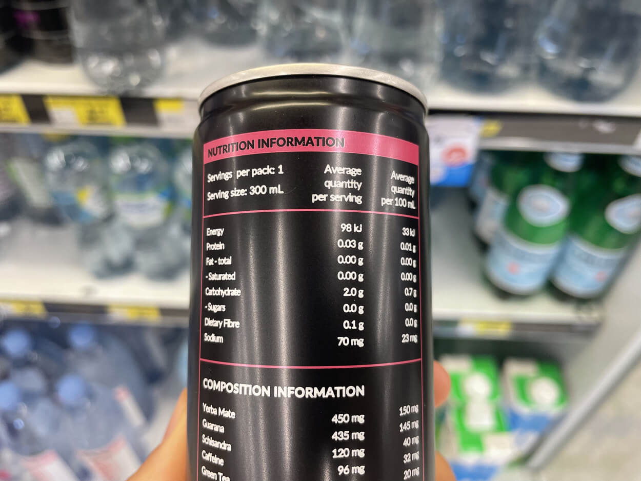 Nutrition information of Kanguru energy drinks as seen on the can.