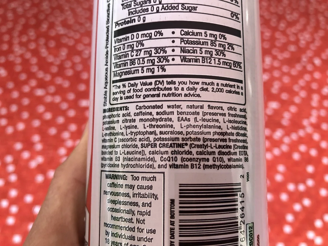 Image of label of ingredients of Bang energy drink