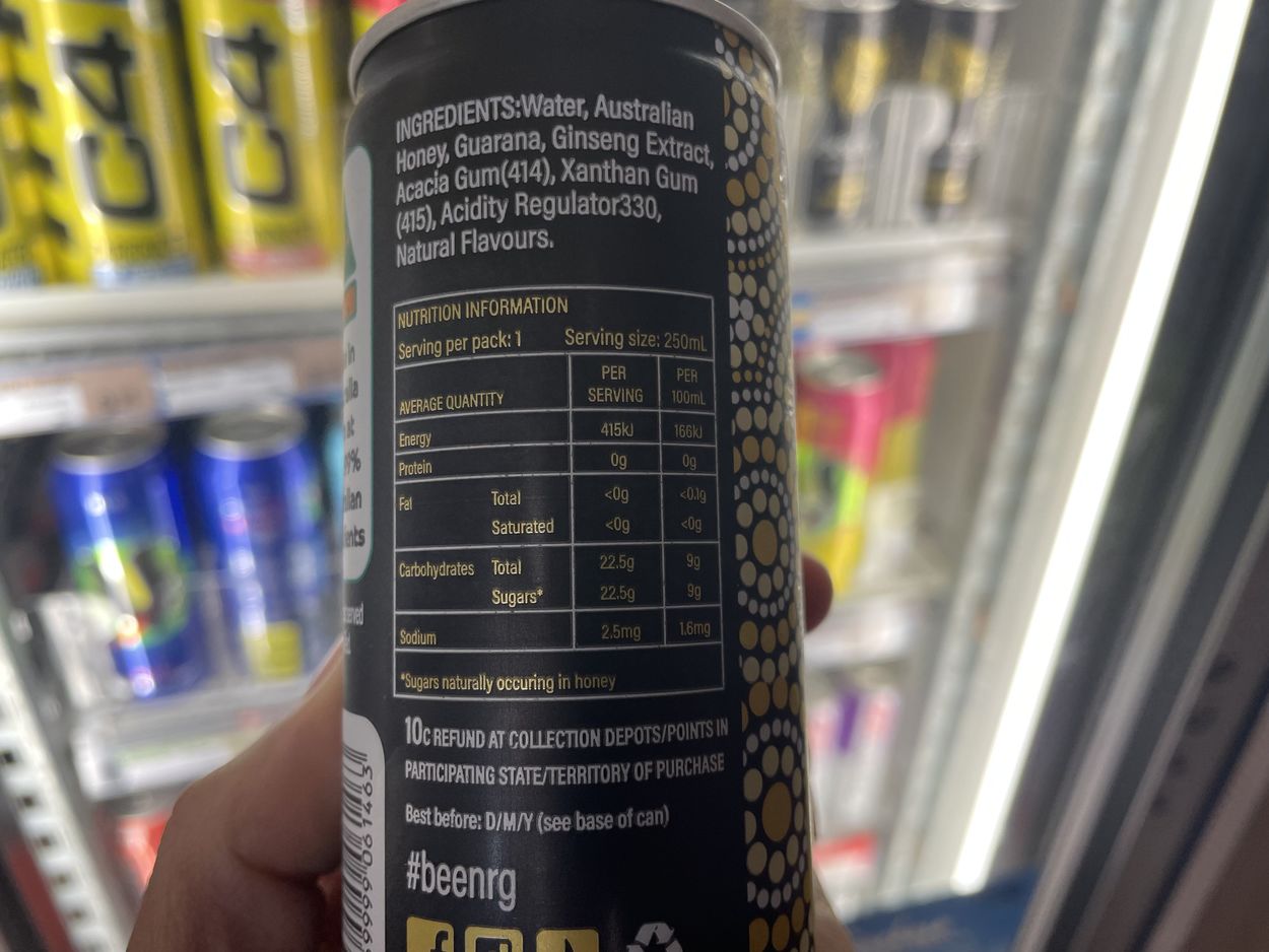 An image of nutrients and ingredients label of Bee NRG