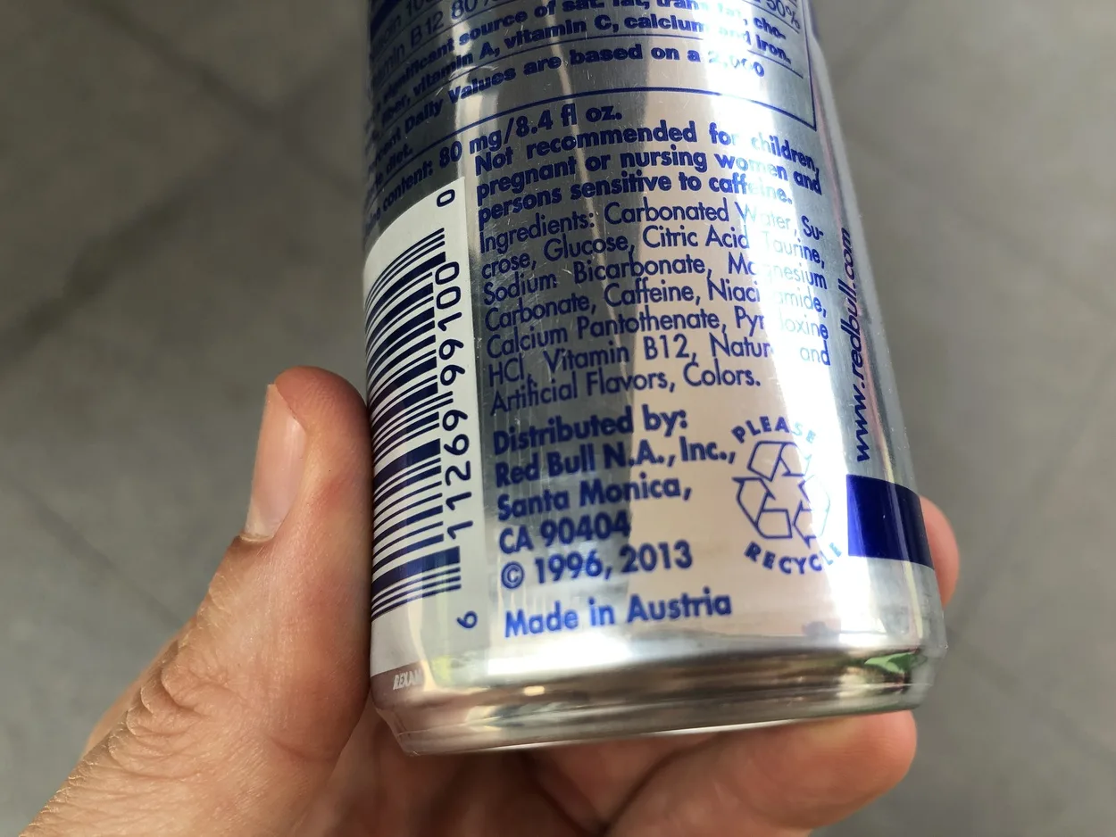 Image of label of ingredients of Red Bull