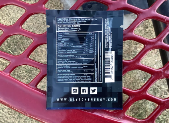 An image of the label at the back of Glytch energy drink.
