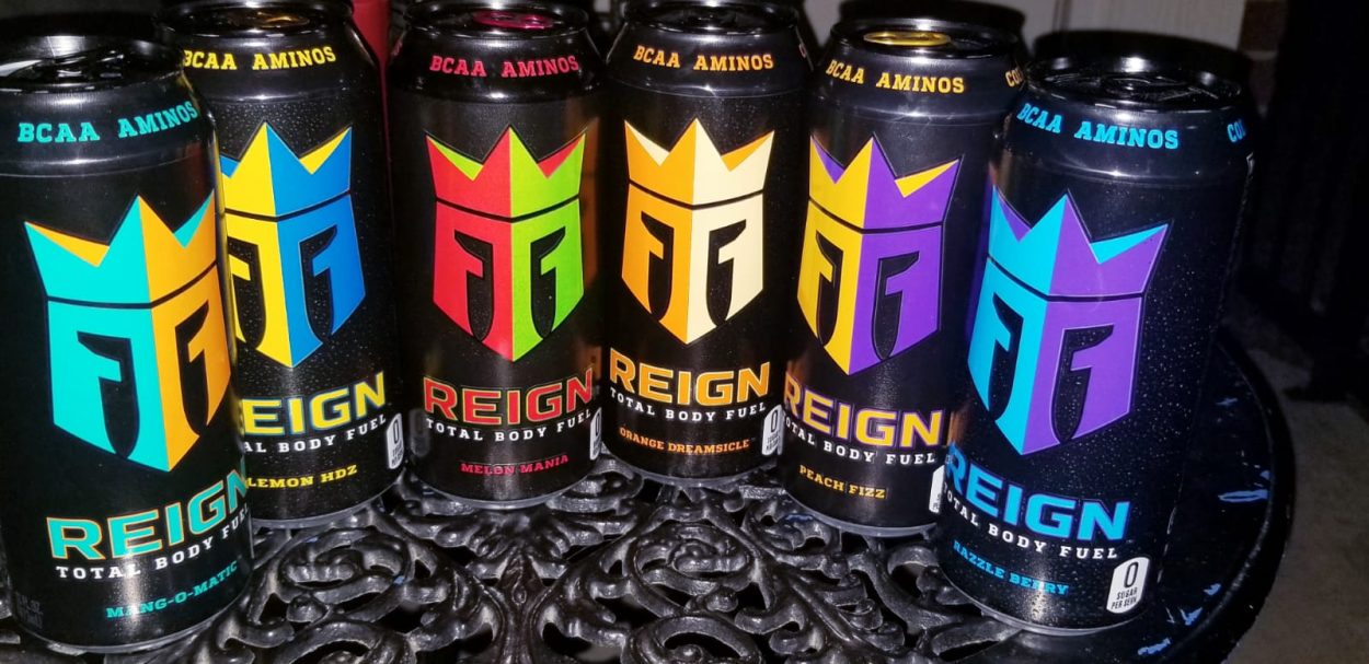 A picture of several famous -flavored reign energy drinks.

