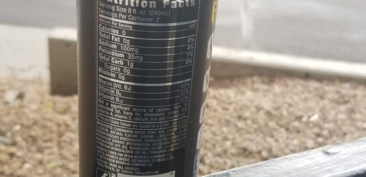 Nutritional fact on the back side of a reign energy drink can.
