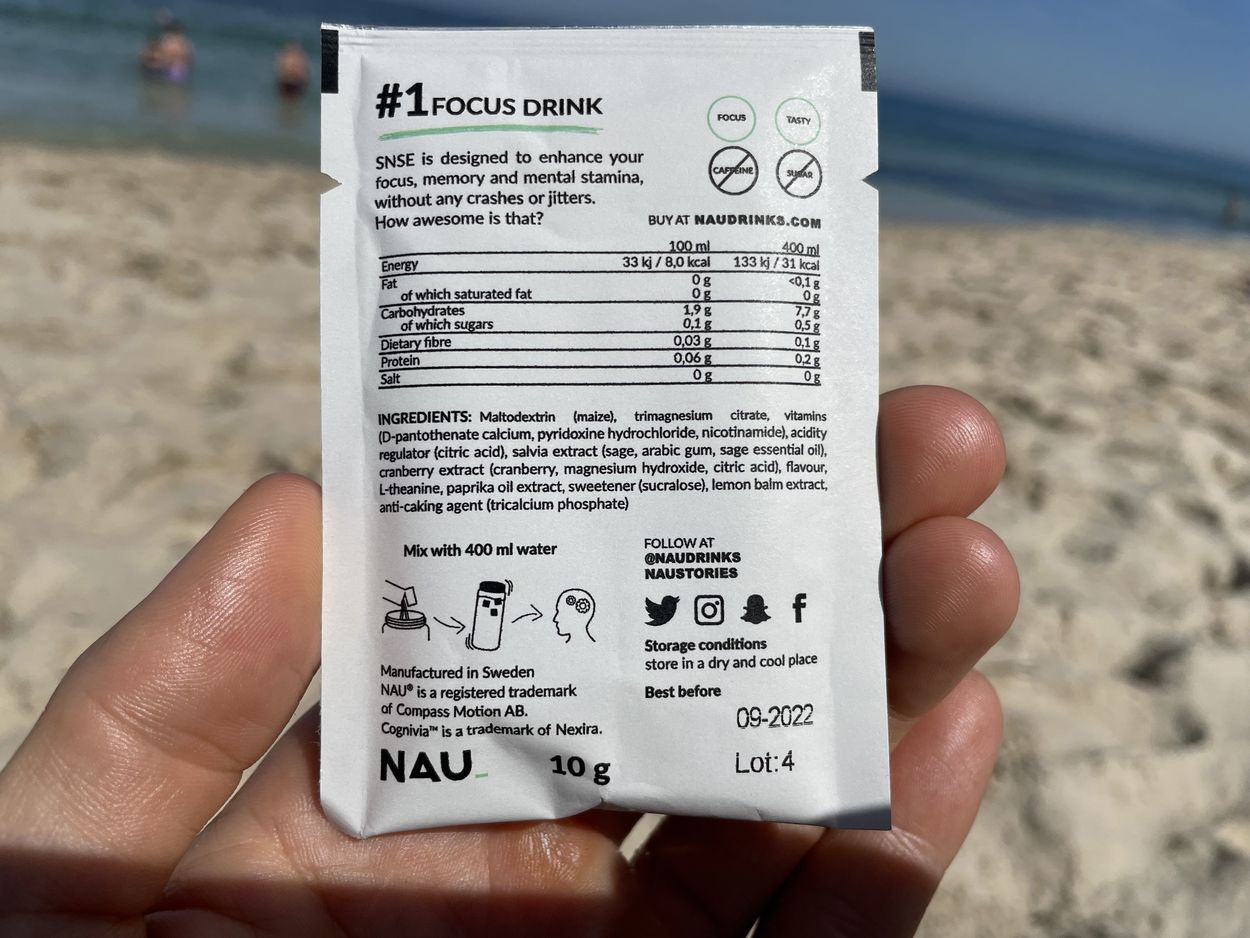 Image of the label of Nau Snse showing its nutrition and ingredients information.
