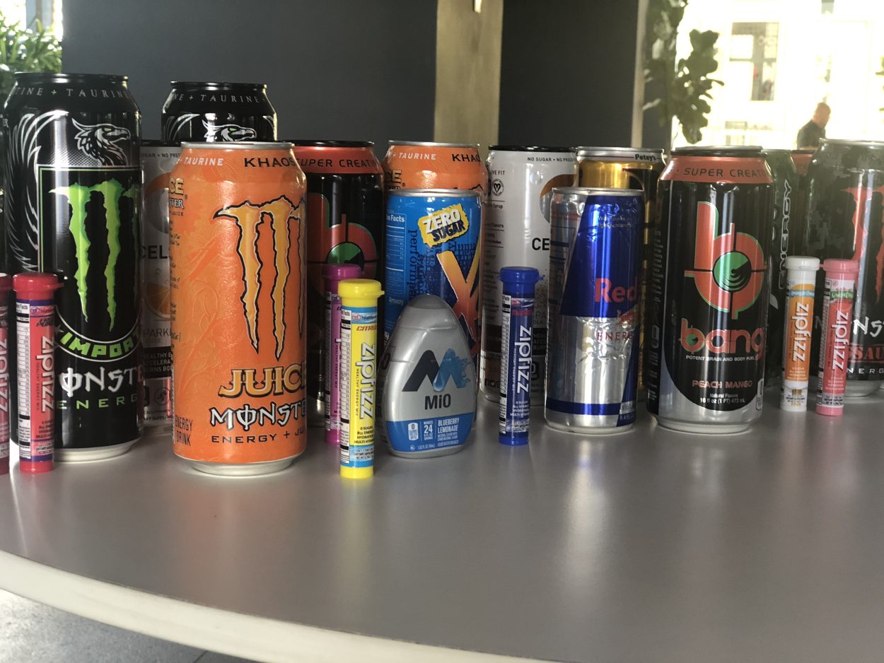 Assorted brands of energy drink