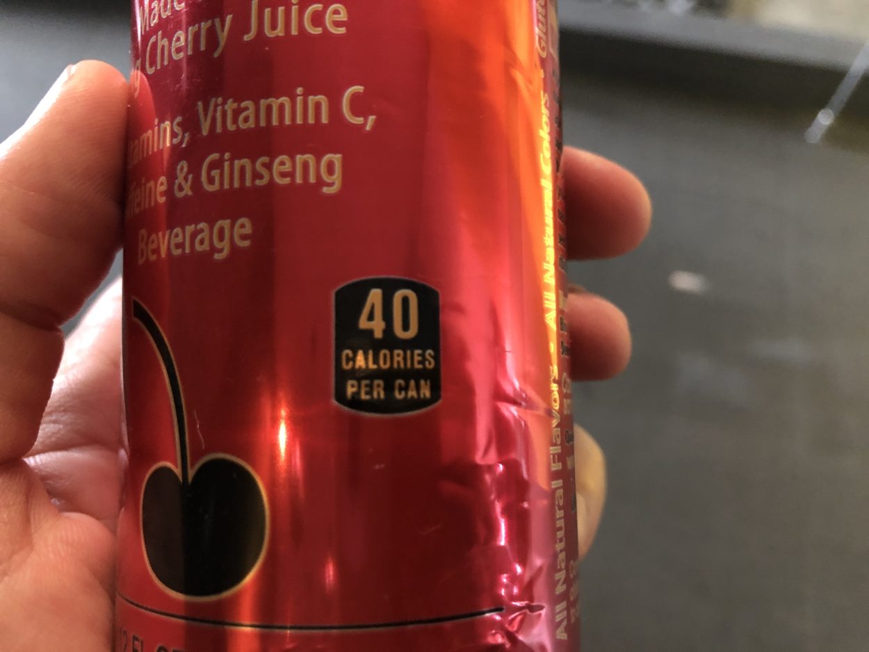 "40 calories per can" written on a can of Bing energy drink